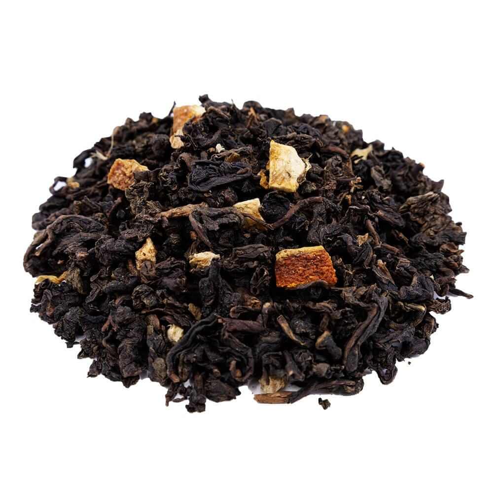Side mound picture of The Whistling Kettle Orange Ginger Oolong tea with dried orange peel and ginger root.
