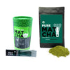 3.5 oz bag of  pure, organic matcha next to a canister of pure, organic matcha sachets.