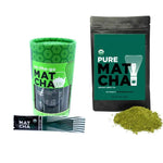 3.5 oz bag of  pure, organic matcha next to a canister of pure, organic matcha sachets.