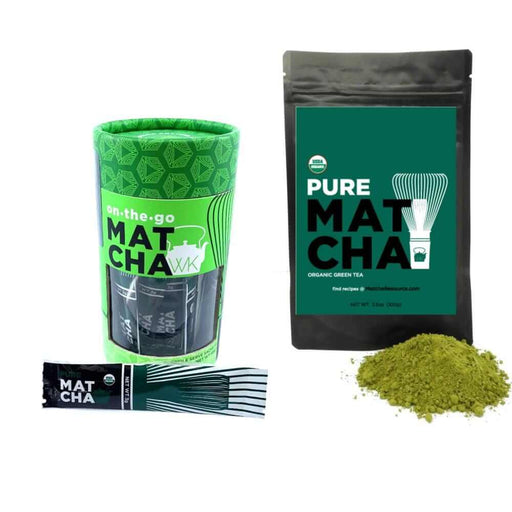 3.5 oz bag of  pure, organic matcha next to a canister of pure, organic matcha sachets.