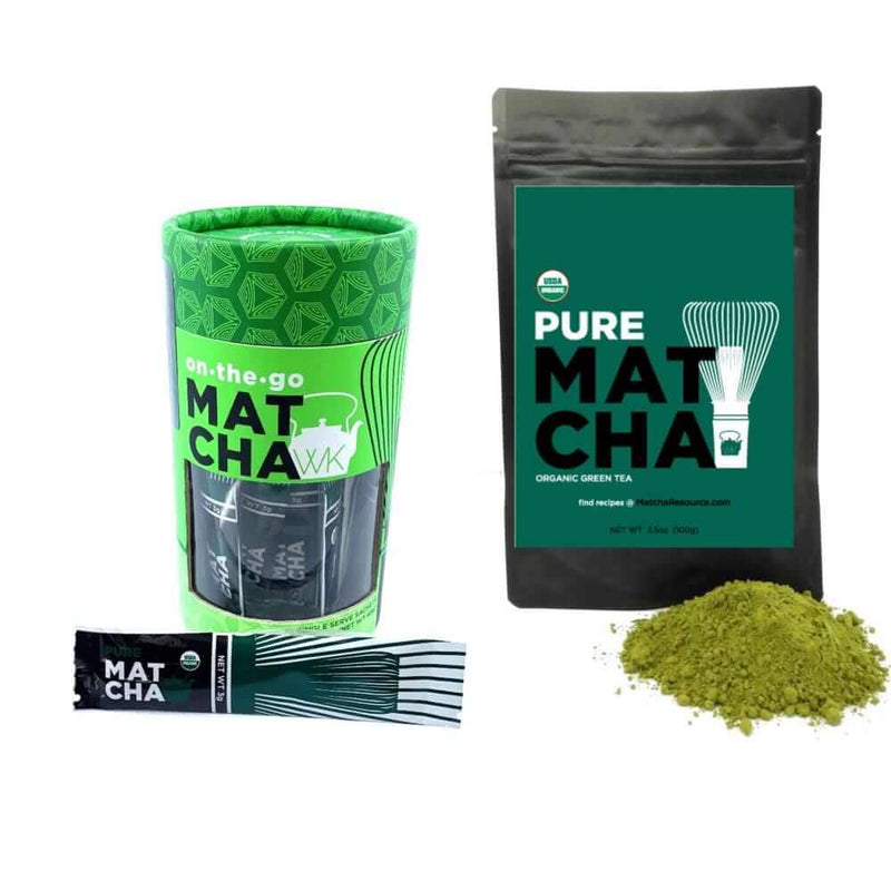 3.5 oz bag of  pure, organic matcha next to a canister of pure, organic matcha sachets.