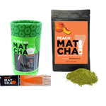 3.5 oz bag of organic naturally flavored peach matcha next to a canister of peach matcha sachets.