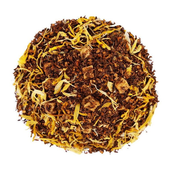 Top mound picture of The Whistling Kettle Peach Rooibos tea with dried fruit and calendula petals.