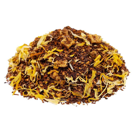 Side mound picture of The Whistling Kettle Peach Rooibos tea with dried fruit and calendula petals.
