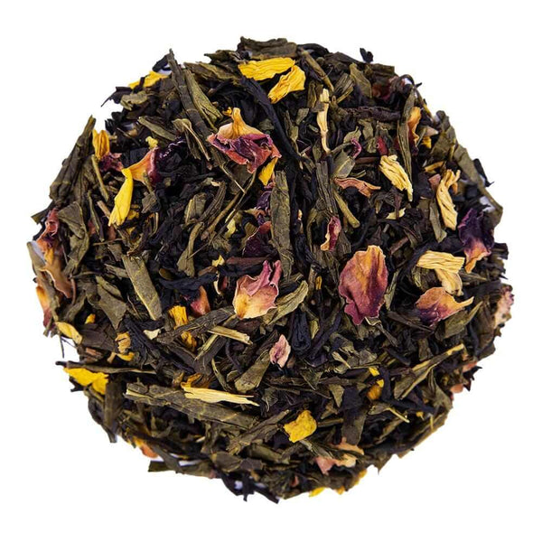Top mound picture of The Whistling Kettle black and green tea with rose petals.