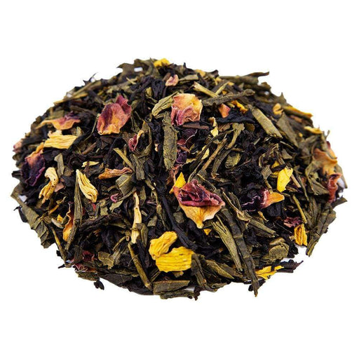 Side mound picture of The Whistling Kettle black and green tea with rose petals.