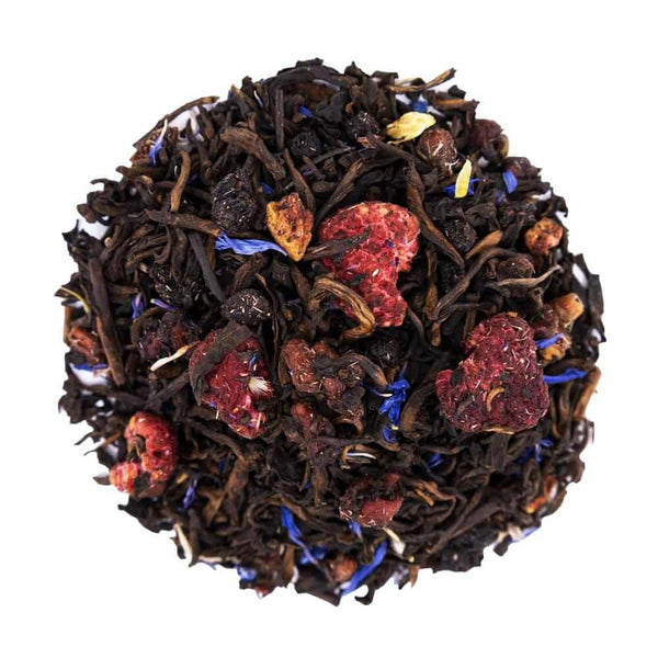 Top mound picture of The Whistling Kettle Pu-Erh Superfruit tea with dried raspberries and cornflowers.