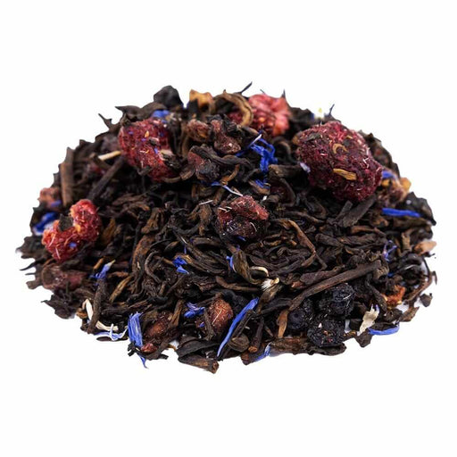 Side mound picture of The Whistling Kettle Pu-Erh Superfruit tea with dried raspberries and cornflowers.