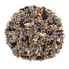 Top mound pictures of The Whistling Kettle Raspberry Lavender tea with lavender, hibiscus, and orange peel.