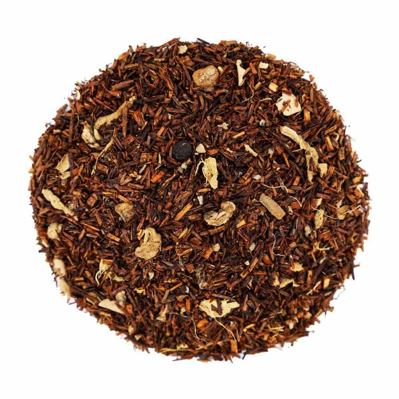 Top mound picture of The Whistling Kettle Rooibos Chai tea with ginger and black pepper.
