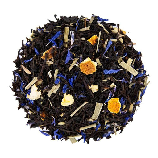 Top mound picture of The Whistling Kettle Russian Earl Grey black tea with orange peel and lemongrass.