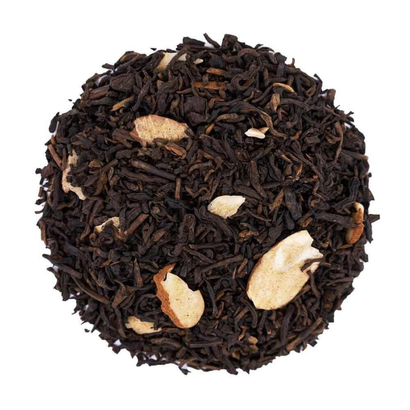 Top mound picture of The Whistling Kettle Scottish Caramel Pu-Erh tea with sliced almonds and toffee bits.