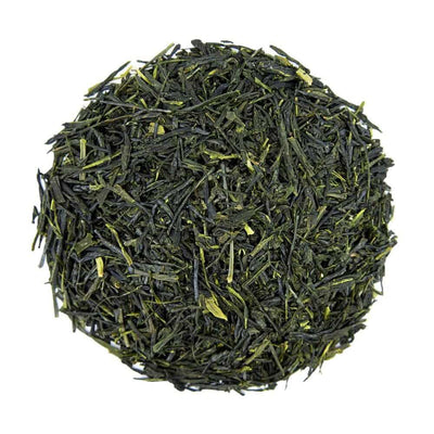 Top mound picture of The Whistling Kettle Sencha Supreme Shizuoka fine green tea with bright green leaves.