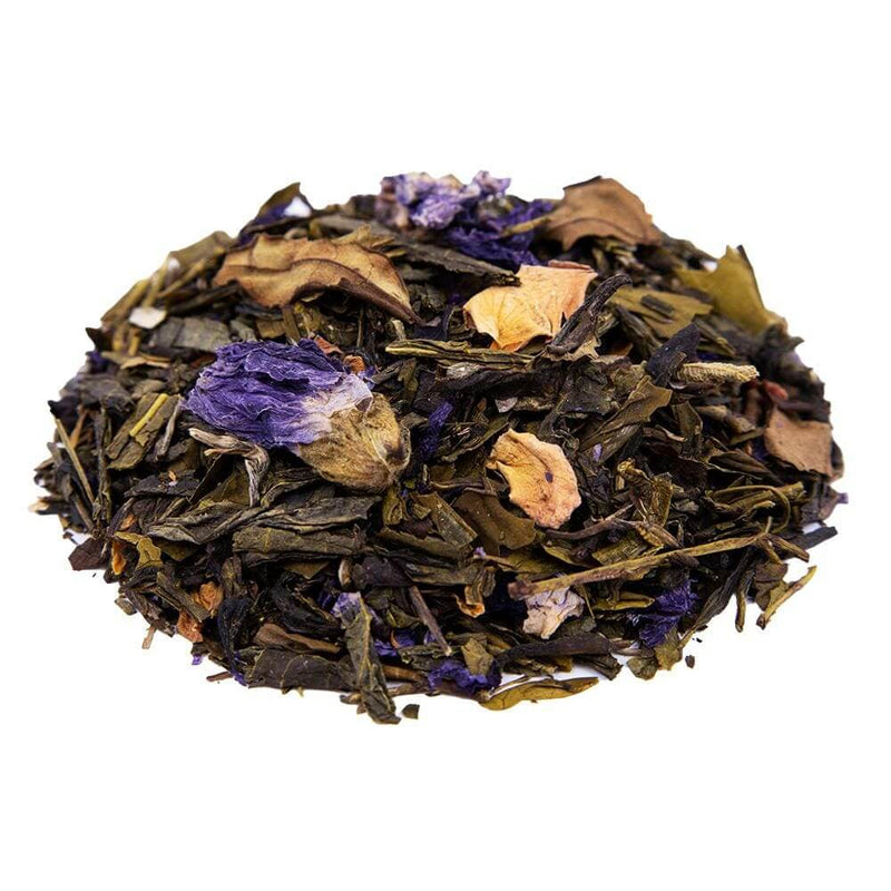 Side mound picture of The Whistling Kettle Shaolin's Grove green tea with blue cornflowers.