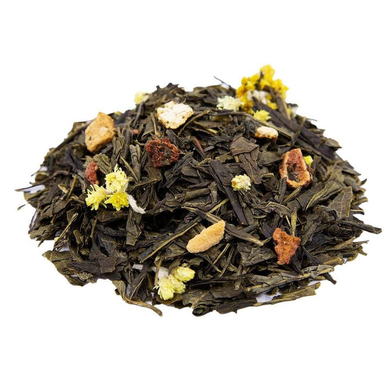 Side  mound picture of The Whistling Kettle Strawberry Orange green tea with orange peel, dried strawberry, and flower petals.