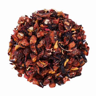 Top mound picture of The Whistling Kettle Strawberry Watermelon loose leaf tea with dried berries, apple, hibiscus, and rose hips.