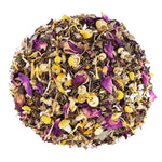 Top mound picture of The Whistling Kettle Total Body tea with peppermint, rooibos, and chamomile and rose flowers.