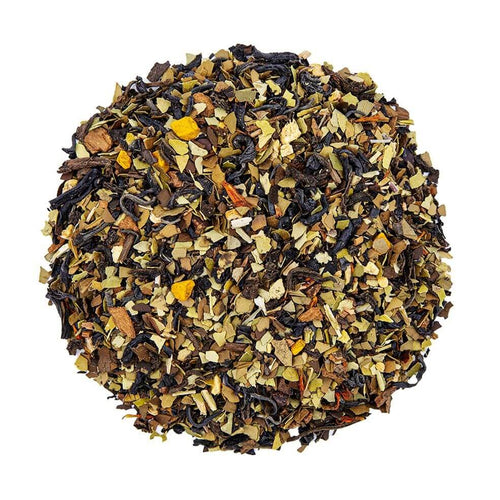 Top mound picture of The Whistling Kettle Trugrit Tea with mate, purple tea, and turmeric bits.