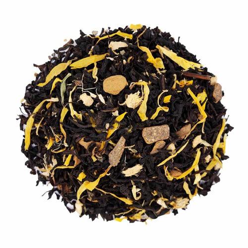 Top mound picture of The Whistling Kettle Vanilla Chai black tea with spices.