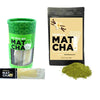 3.5 oz bag of organic naturally flavored vanilla matcha next to a canister of vanilla matcha sachets.