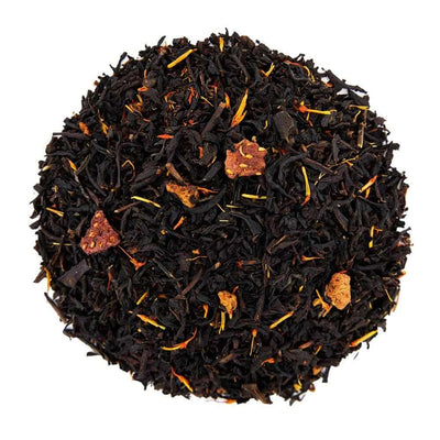 Top mound picture of The Whistling Kettle Vineyard Peach Strawberry black tea with freeze-dried strawberries and safflower petals.