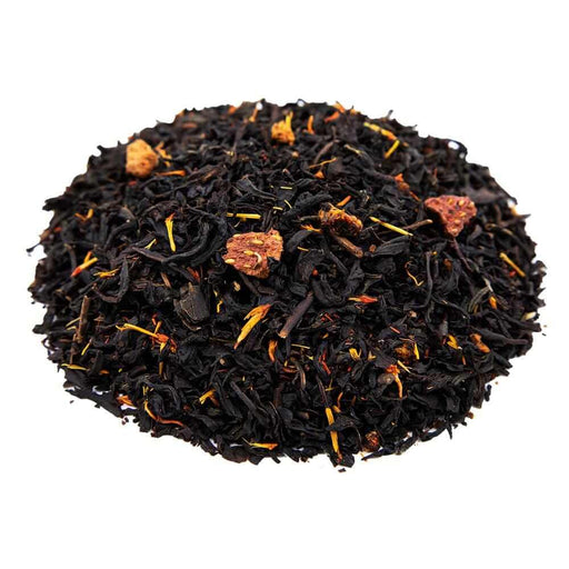 Side mound picture of The Whistling Kettle Vineyard Peach Strawberry black tea with freeze-dried strawberries and safflower petals.