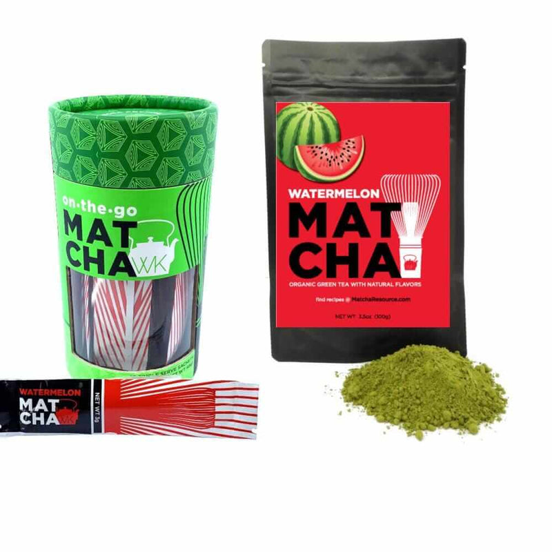 3.5 oz bag of organic naturally flavored watermelon matcha next to a canister of watermelon matcha sachets.